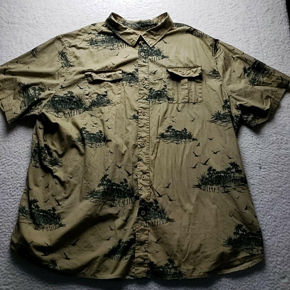 KingSize Shirt Mens Big 5XL Tall Beige Tropical Hawaiian Short Sleeve Button-Up